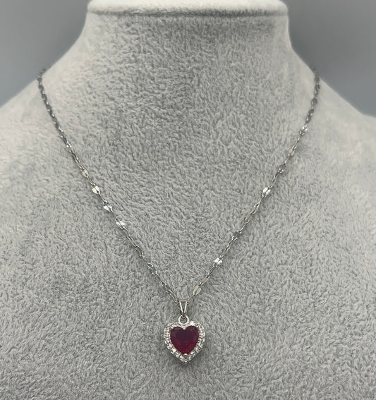 COLIER SILVER HEART ROSU PLACAT CU AUR ALB 14K
